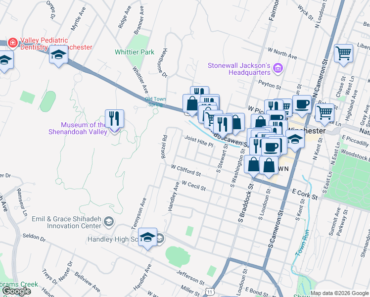 map of restaurants, bars, coffee shops, grocery stores, and more near 132 Academy Lane in Winchester
