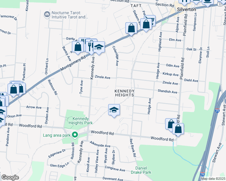 map of restaurants, bars, coffee shops, grocery stores, and more near 6211 Coleridge Avenue in Cincinnati