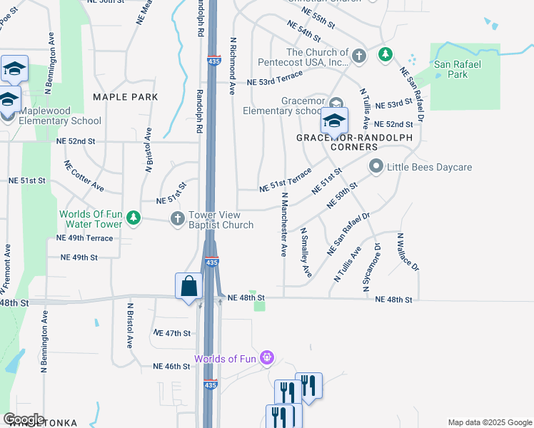 map of restaurants, bars, coffee shops, grocery stores, and more near 7721 Northeast 51st Street in Kansas City