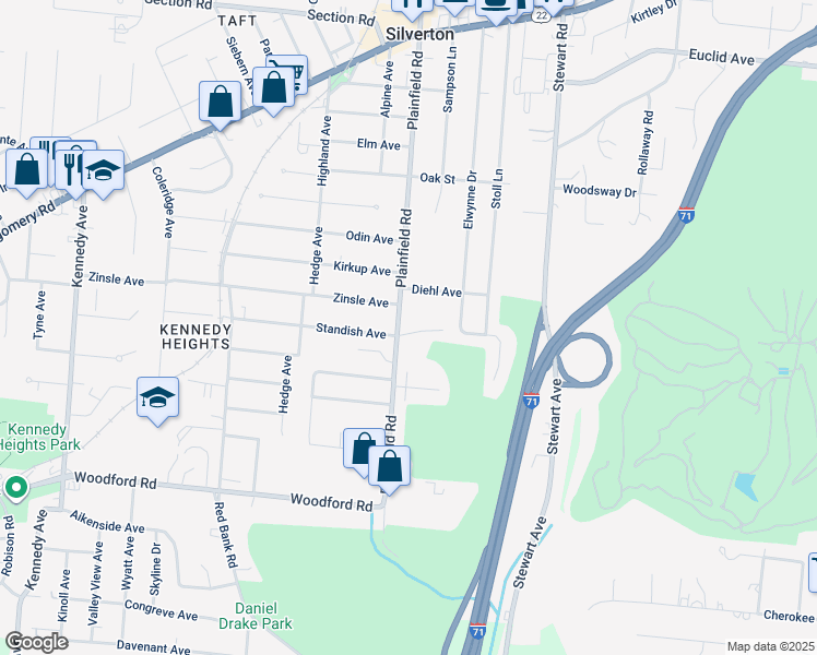 map of restaurants, bars, coffee shops, grocery stores, and more near 6302 Plainfield Road in Cincinnati