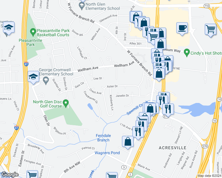 map of restaurants, bars, coffee shops, grocery stores, and more near 1239 Kimberly Ln in Glen Burnie