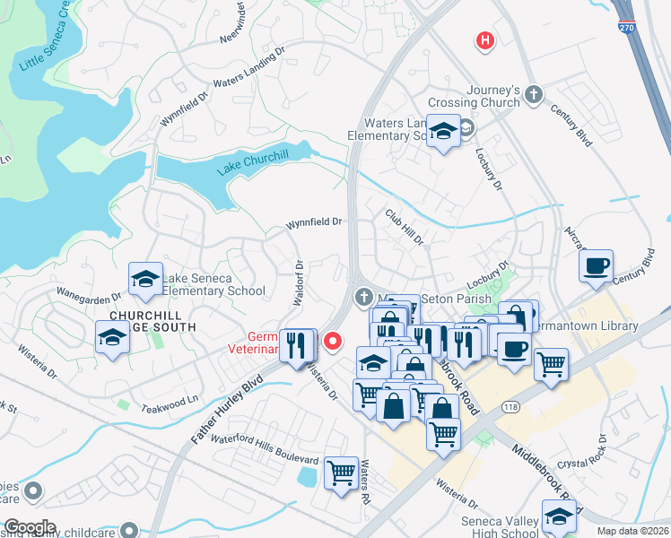 map of restaurants, bars, coffee shops, grocery stores, and more near 20019 Sweetgum Circle in Germantown