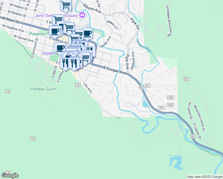 map of restaurants, bars, coffee shops, grocery stores, and more near 1106 Waters Avenue in Aspen