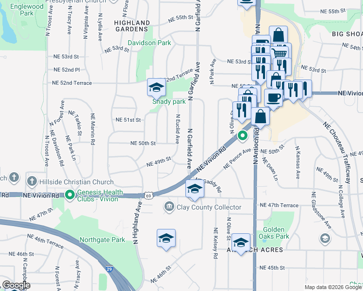 map of restaurants, bars, coffee shops, grocery stores, and more near 4949 North Euclid Avenue in Kansas City