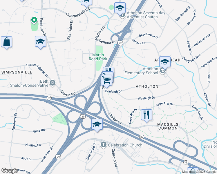 map of restaurants, bars, coffee shops, grocery stores, and more near 10400 Shaker Drive in Columbia