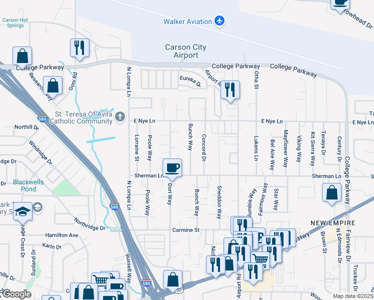 map of restaurants, bars, coffee shops, grocery stores, and more near 2700 Bunch Way in Carson City
