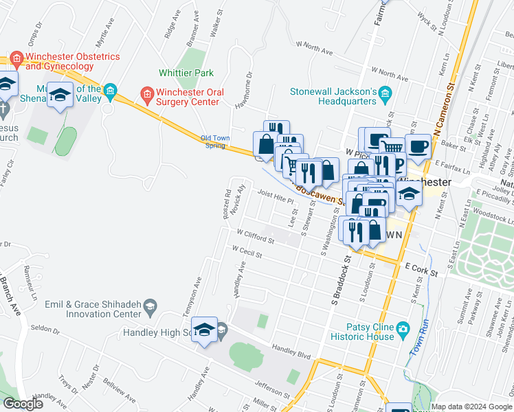 map of restaurants, bars, coffee shops, grocery stores, and more near 131 Shirley Street in Winchester