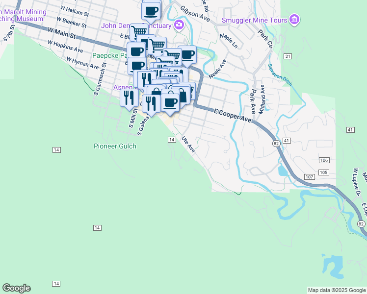 map of restaurants, bars, coffee shops, grocery stores, and more near 851 Ute Avenue in Aspen