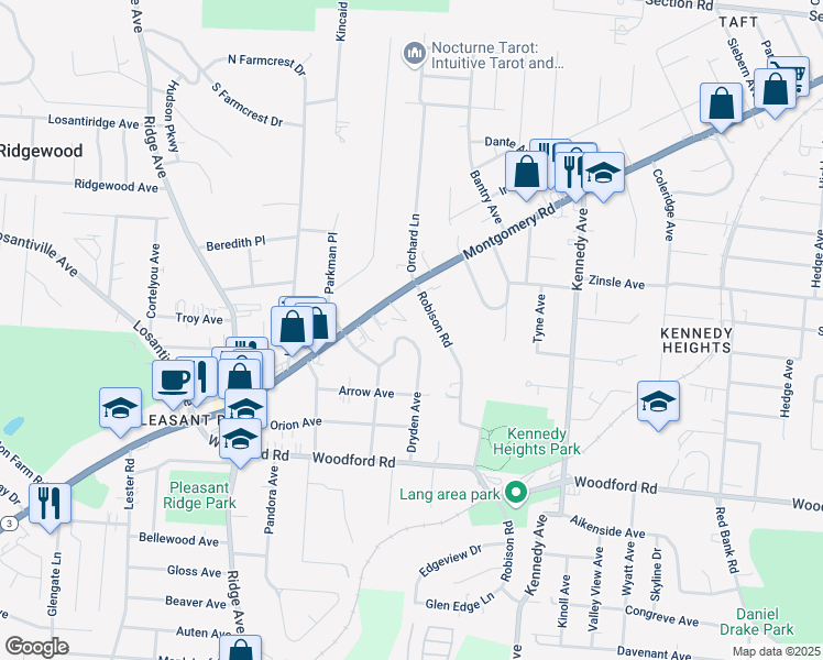 map of restaurants, bars, coffee shops, grocery stores, and more near 6257 Robison Road in Cincinnati
