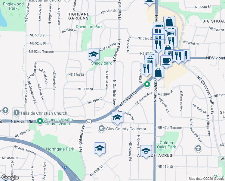 map of restaurants, bars, coffee shops, grocery stores, and more near 4949 North Euclid Avenue in Kansas City