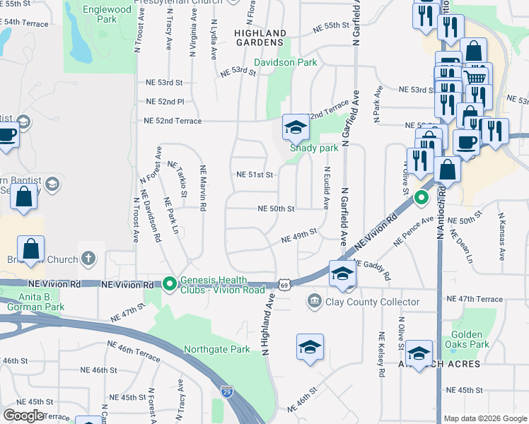 map of restaurants, bars, coffee shops, grocery stores, and more near 1533 Northeast 50th Street in Kansas City
