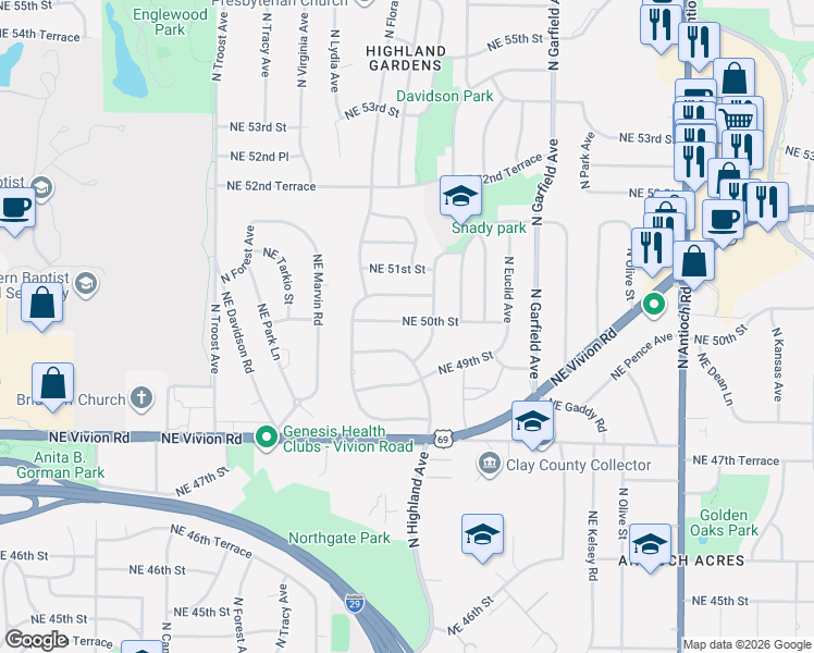 map of restaurants, bars, coffee shops, grocery stores, and more near 1533 Northeast 50th Street in Kansas City