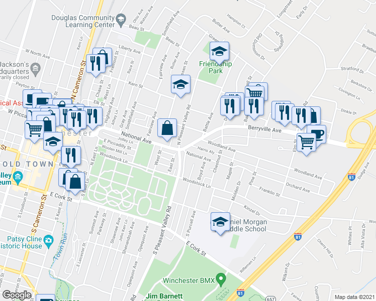 map of restaurants, bars, coffee shops, grocery stores, and more near 601 Berryville Avenue in Winchester