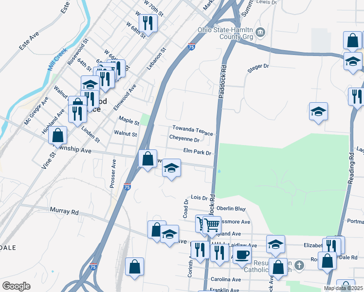 map of restaurants, bars, coffee shops, grocery stores, and more near 1128 Elm Park Drive in Cincinnati