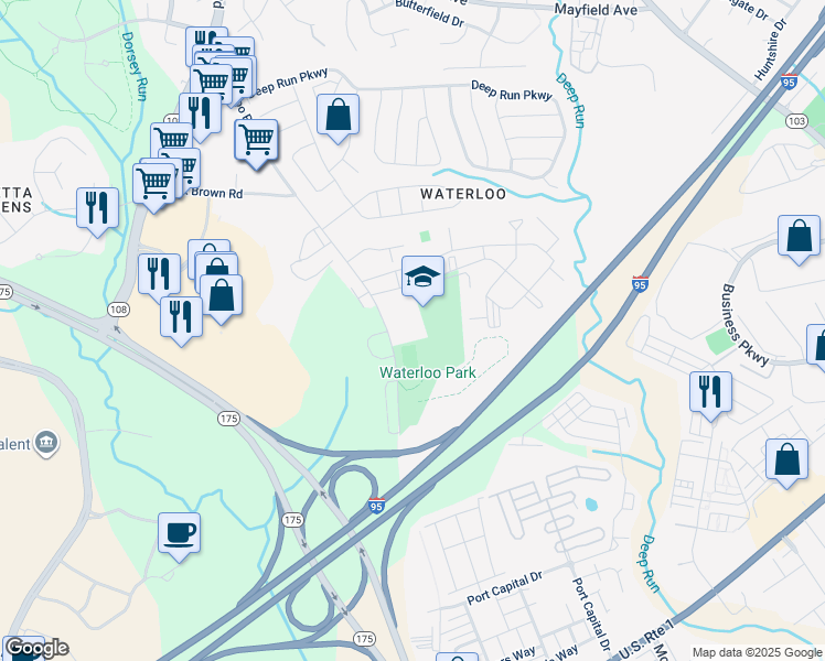 map of restaurants, bars, coffee shops, grocery stores, and more near 6925 Old Waterloo Road in Elkridge