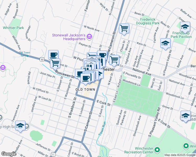 map of restaurants, bars, coffee shops, grocery stores, and more near 20 North Loudoun Street in Winchester