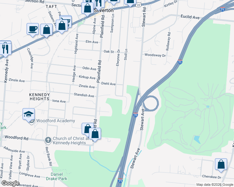 map of restaurants, bars, coffee shops, grocery stores, and more near 6328 Elwynne Drive in Cincinnati