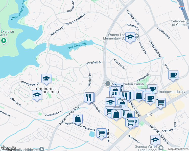 map of restaurants, bars, coffee shops, grocery stores, and more near 20005 Sweetgum Circle in Germantown