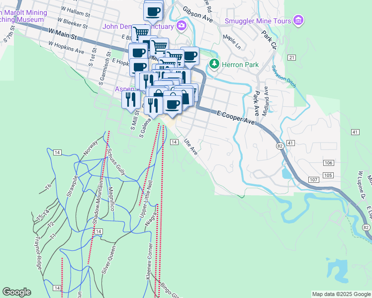 map of restaurants, bars, coffee shops, grocery stores, and more near 851 Ute Avenue in Aspen