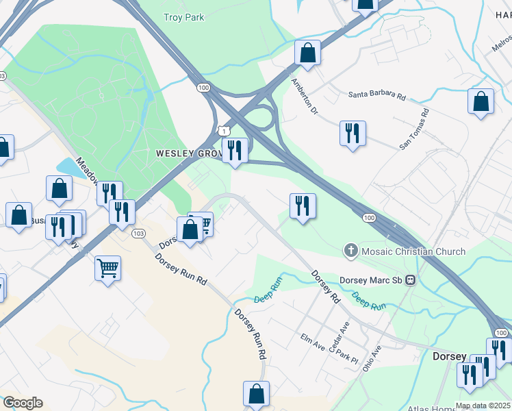 map of restaurants, bars, coffee shops, grocery stores, and more near 6771 Dorsey Road in Elkridge