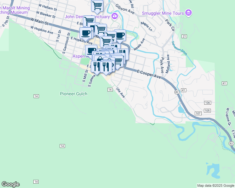 map of restaurants, bars, coffee shops, grocery stores, and more near 851 Ute Avenue in Aspen
