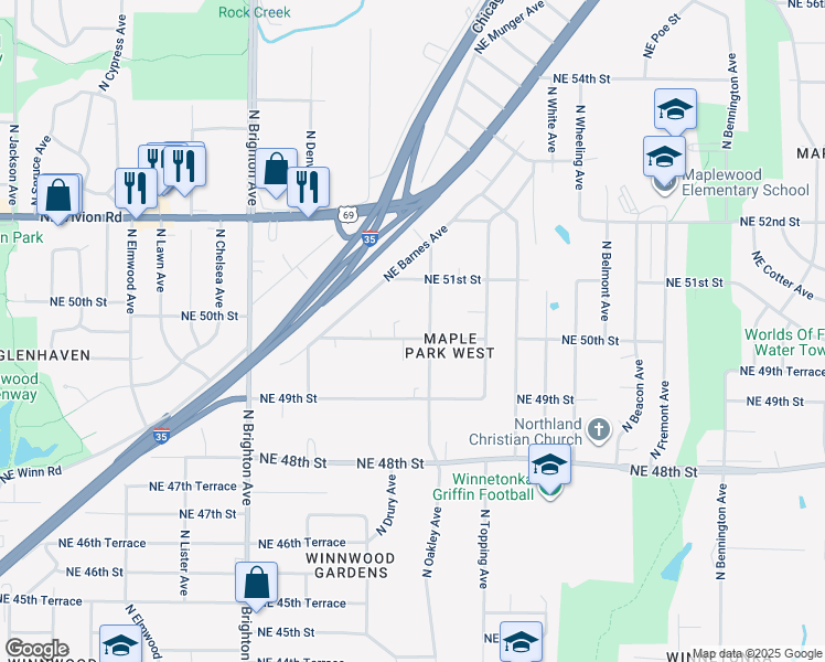 map of restaurants, bars, coffee shops, grocery stores, and more near 5500 Northeast 50th Street in Kansas City