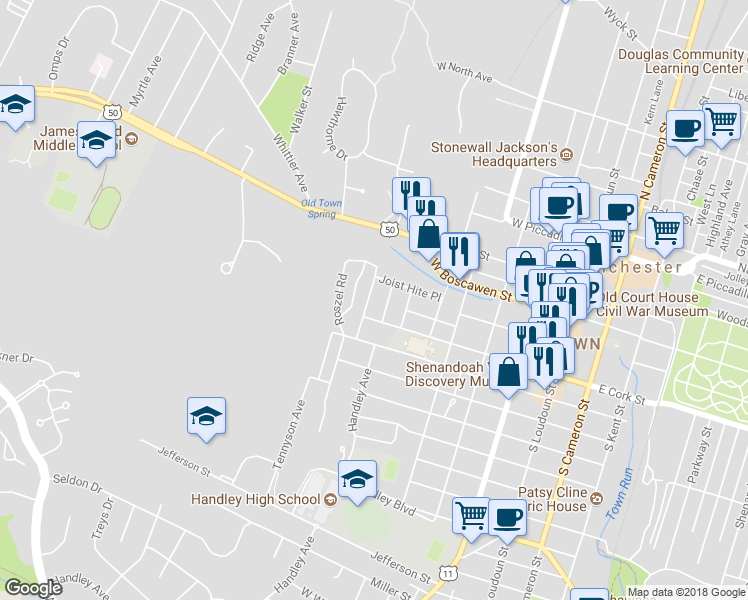 map of restaurants, bars, coffee shops, grocery stores, and more near 132 Academy Lane in Winchester