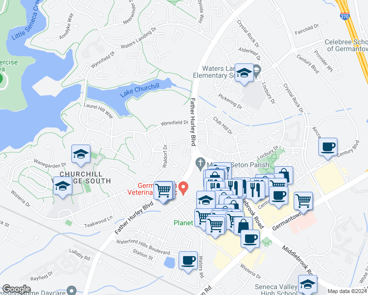map of restaurants, bars, coffee shops, grocery stores, and more near 20009 Sweetgum Circle in Germantown