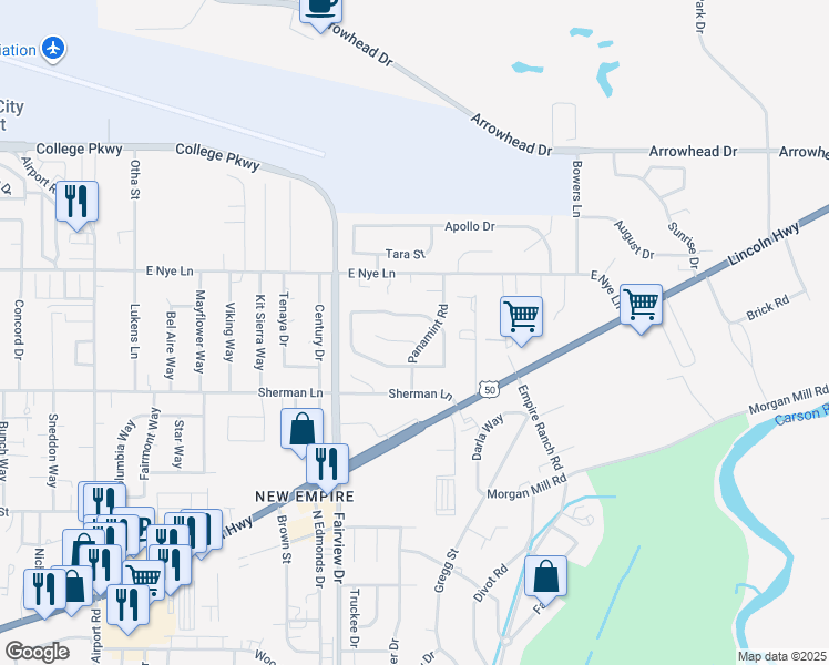 map of restaurants, bars, coffee shops, grocery stores, and more near 4150 Montez Drive in Carson City