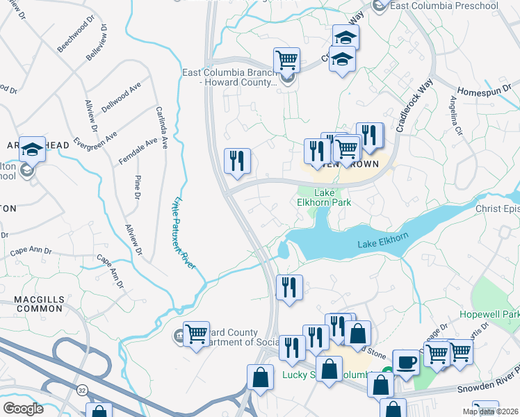 map of restaurants, bars, coffee shops, grocery stores, and more near 7414 Sweet Clover in Columbia