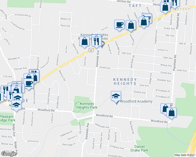 map of restaurants, bars, coffee shops, grocery stores, and more near 6224 Kennedy Avenue in Cincinnati
