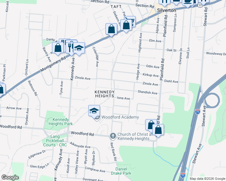 map of restaurants, bars, coffee shops, grocery stores, and more near 6219 Red Bank Road in Cincinnati