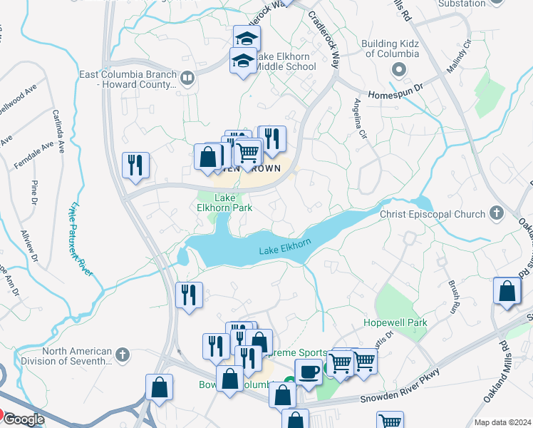 map of restaurants, bars, coffee shops, grocery stores, and more near 7297 Swan Point Way in Columbia