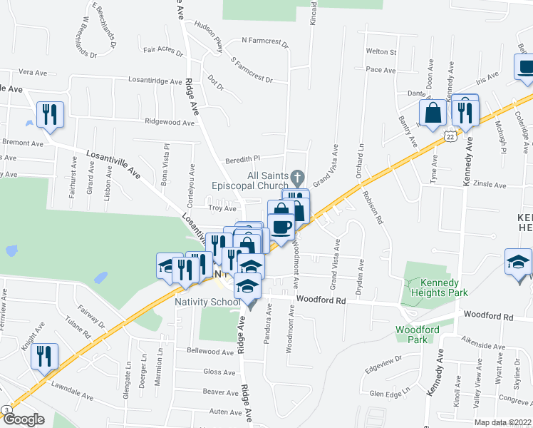 map of restaurants, bars, coffee shops, grocery stores, and more near 6150 Webbland Place in Cincinnati