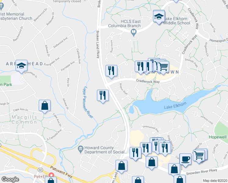 map of restaurants, bars, coffee shops, grocery stores, and more near 7386 Sweet Clover in Columbia