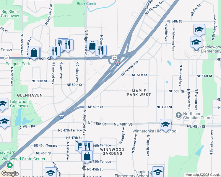 map of restaurants, bars, coffee shops, grocery stores, and more near 5300 Northeast 50th Street in Kansas City