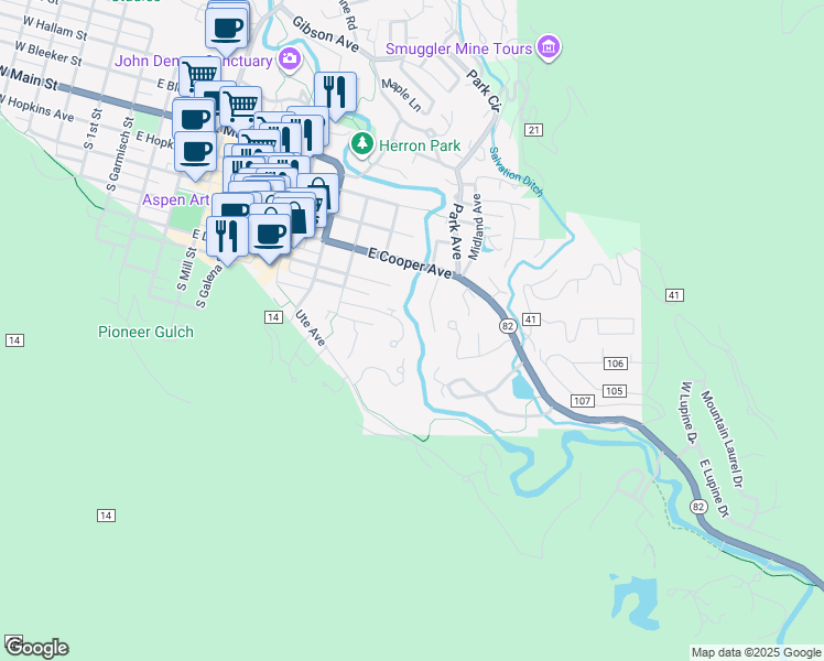 map of restaurants, bars, coffee shops, grocery stores, and more near 1106 Waters Avenue in Aspen