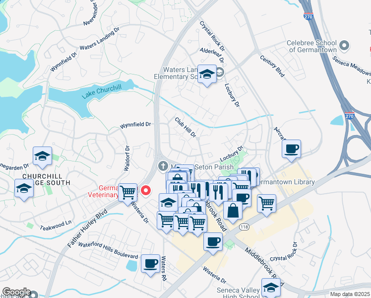 map of restaurants, bars, coffee shops, grocery stores, and more near 13209 Country Ridge Drive in Germantown
