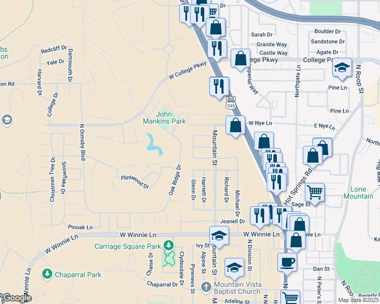 map of restaurants, bars, coffee shops, grocery stores, and more near 2702 Marvin Dr in Carson City