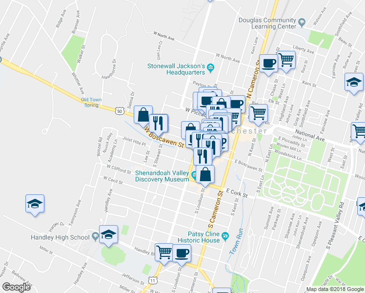 map of restaurants, bars, coffee shops, grocery stores, and more near 137 U.S. 50 in Winchester