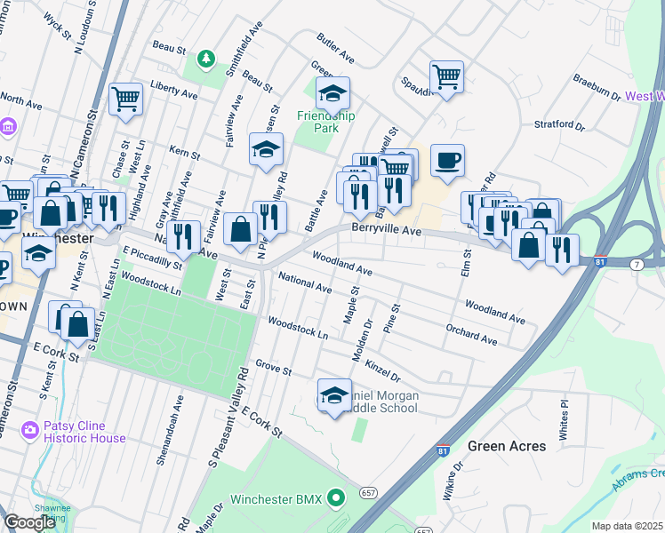 map of restaurants, bars, coffee shops, grocery stores, and more near 699 Woodland Avenue in Winchester