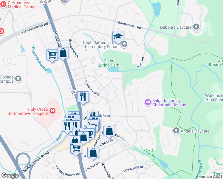 map of restaurants, bars, coffee shops, grocery stores, and more near 11301 Corinthian Court in Germantown