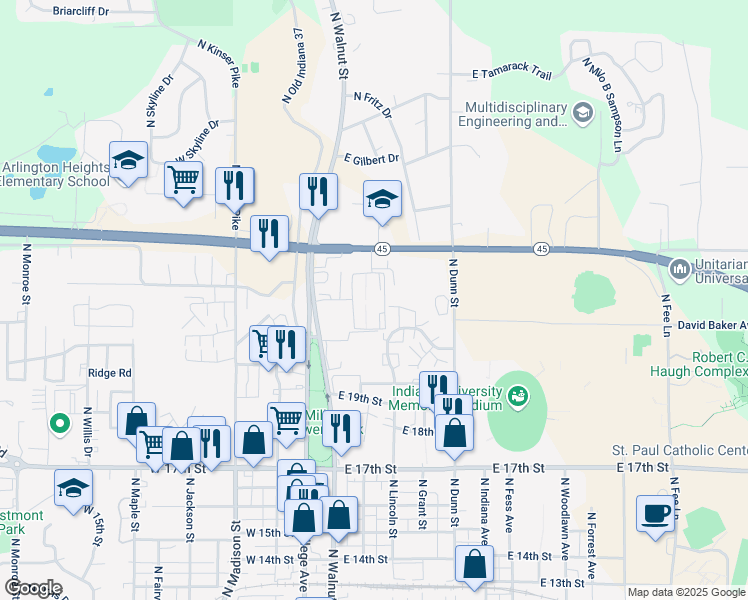map of restaurants, bars, coffee shops, grocery stores, and more near 2036 North Walnut Street in Bloomington