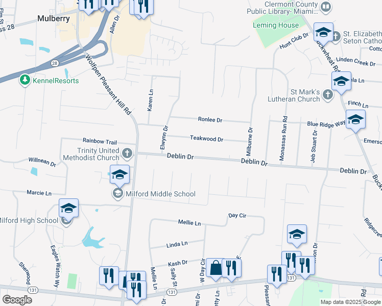 map of restaurants, bars, coffee shops, grocery stores, and more near 1174 Deblin Drive in Milford