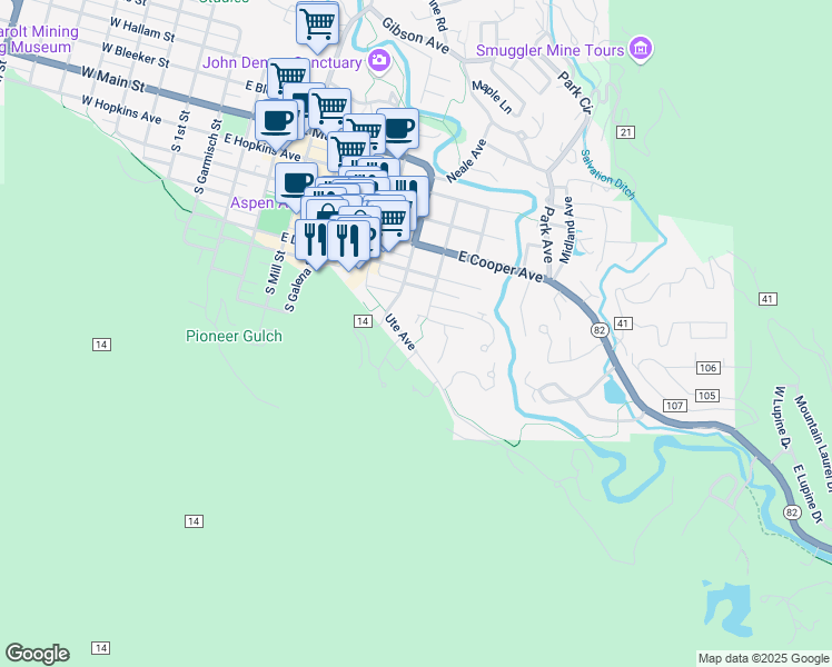 map of restaurants, bars, coffee shops, grocery stores, and more near 610 South West End Street in Aspen