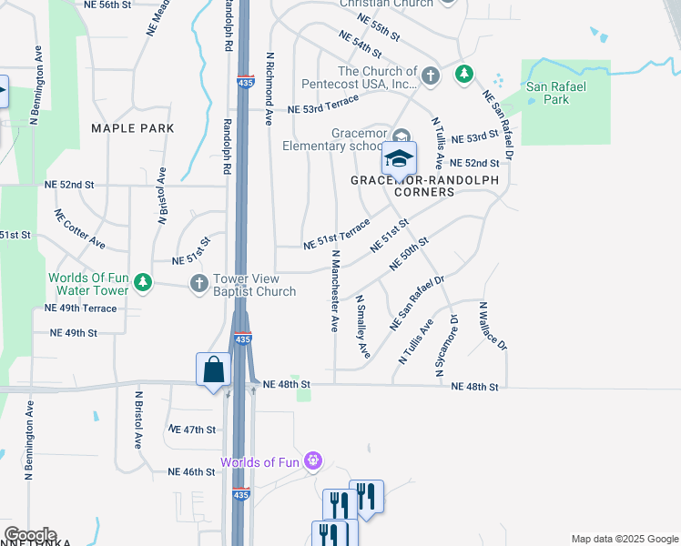map of restaurants, bars, coffee shops, grocery stores, and more near 7801 Northeast 51st Street in Kansas City