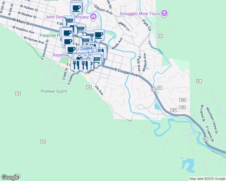 map of restaurants, bars, coffee shops, grocery stores, and more near 610 South West End Street in Aspen