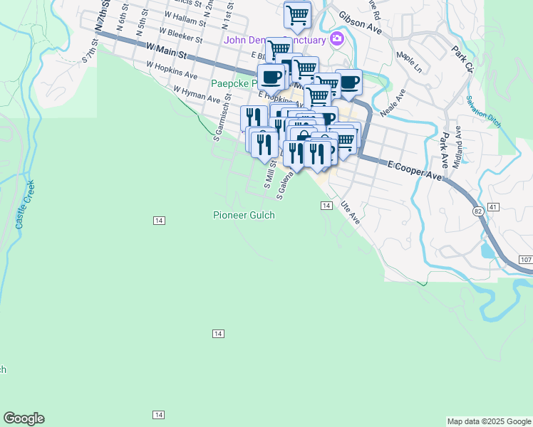 map of restaurants, bars, coffee shops, grocery stores, and more near 922 South Mill Street in Aspen