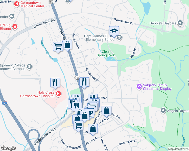 map of restaurants, bars, coffee shops, grocery stores, and more near 11456 Fruitwood Way in Germantown