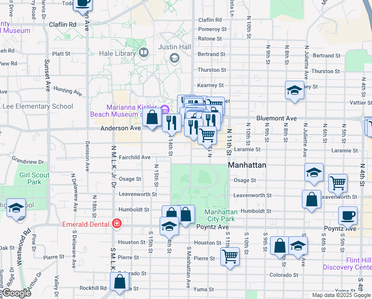 map of restaurants, bars, coffee shops, grocery stores, and more near 525 North Manhattan Avenue in Manhattan